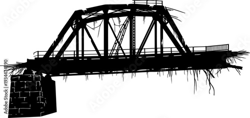 Silhouette of a derelict and broken iron truss bridge showing signs of decay