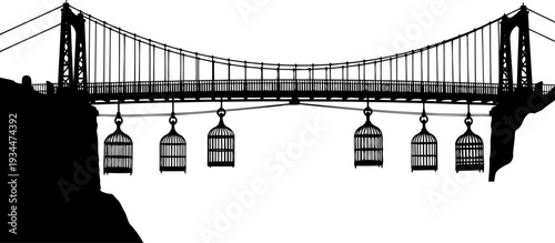 Side view of conceptual bridge silhouette featuring hanging cages
