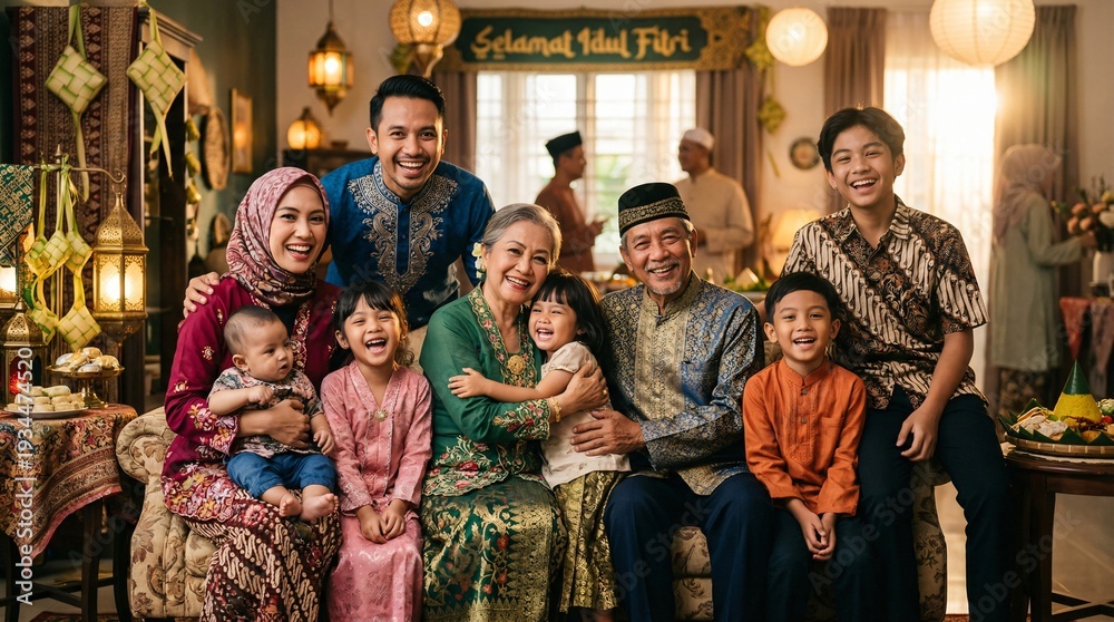 Fototapeta premium Modern Muslim Family Sitting in Living Room for Eid Portrait