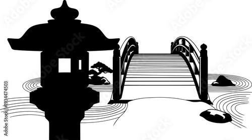Traditional japanese garden bridge silhouette with a stone lantern and manicured trees