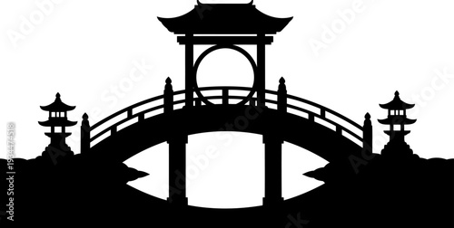 Traditional japanese moon bridge silhouette with oriental pagoda roof