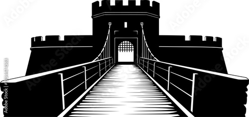 Ancient stone fortification featuring a heavy timber drawbridge