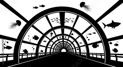 Underwater aquarium tunnel silhouette showcases marine life and swimming sharks