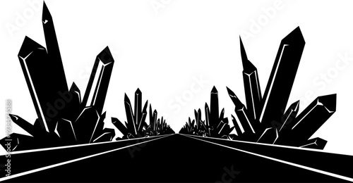 Alien landscape road silhouette with giant crystal formations