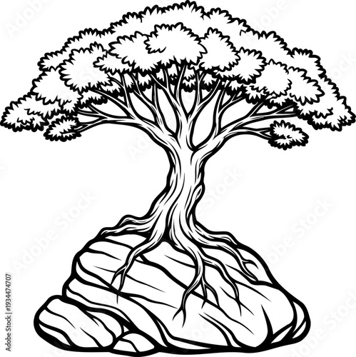 Bonsai style tree rooted firmly on a large smooth boulder