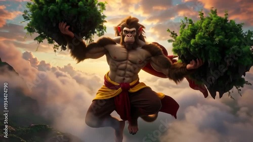 Hanuman Carrying Dronagiri Mountain. 3D Semi-Realistic Divine Artwork.