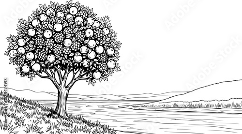Fruit tree grows along a winding river bank