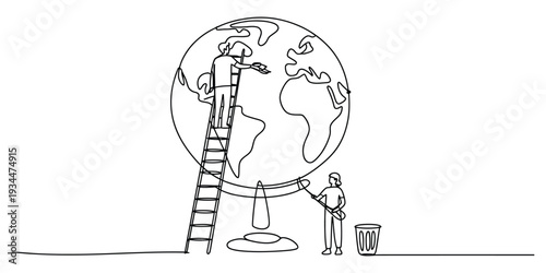 Minimalist continuous line art of people cleaning and caring for the globe