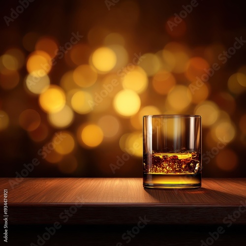 Elegant Whiskey Glass on Polished Surface with Warm Background