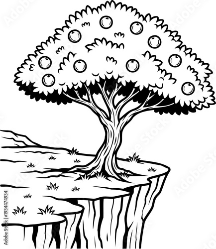 Fruit tree growing on a steep cliff edge overlooking a precipice