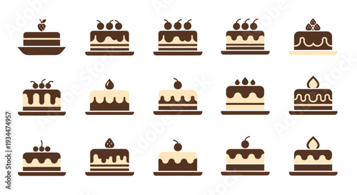 Chocolate Cake Icons Set with Cherry and Strawberry Toppings on Plates