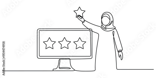 Continuous line drawing of muslim woman giving star rating on computer