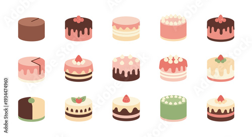 Set of cute cake icons in flat design style for bakery menu and pastry shop graphic elements