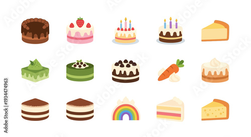Set of delicious cake and dessert icons, flat vector illustrations of sweet bakery treats including chocolate cake, cheesecake, matcha, tiramisu, and carrot cake isolated on white background.