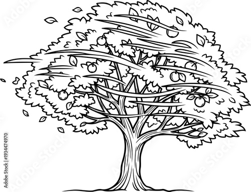 Fruit tree swaying in strong wind with falling leaves