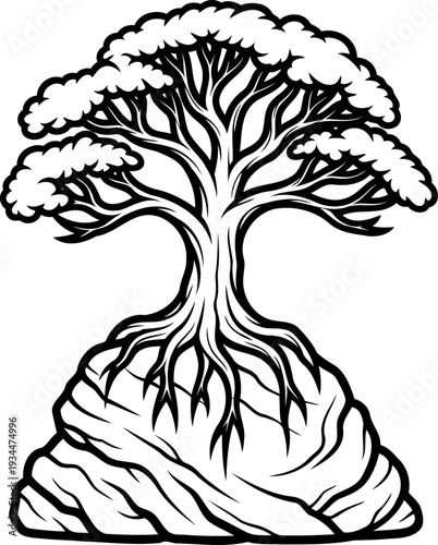 Gnarled tree growing on rocky mound with visible roots line drawing