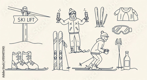 A collection of skiing related items and illustrations on a plain background