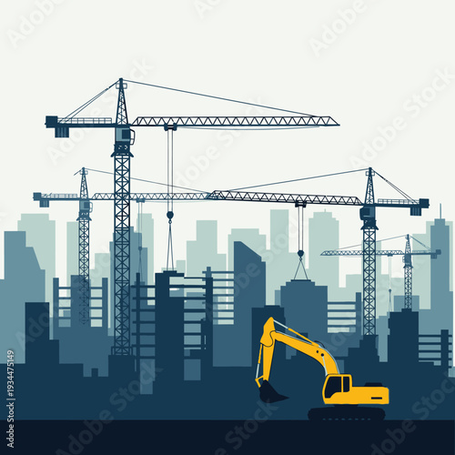 Construction site with cranes and excavator against city skyline