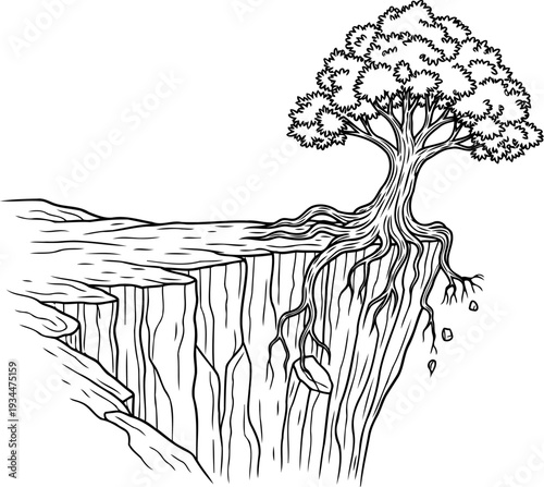 Precarious tree growing on a crumbling mountain ledge