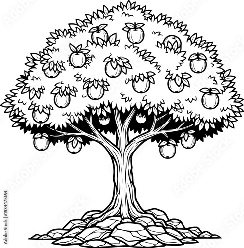 Productive apple tree bearing ripe fruit growing from a rocky base