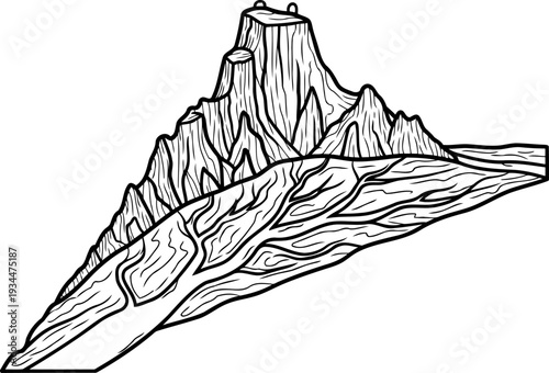 Rocky mountain peak with jagged cliffs and textured terrain drawing