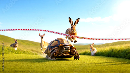 A turtle and a rabbit cross the finish line in a surprising race outcome