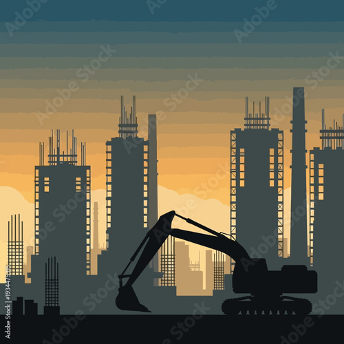 Construction site with excavator and unfinished skyscrapers at sunset