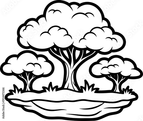 Stylized cartoonish trees standing on a small grassy island