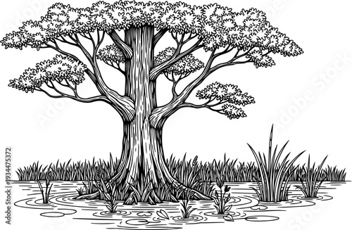 Swamp tree growing in water surrounded by marsh reeds