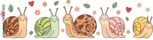 Cute Cartoon Snail Collection with Colorful Shells, Flowers, Leaves and Hearts for Kids Nature Vector Illustration