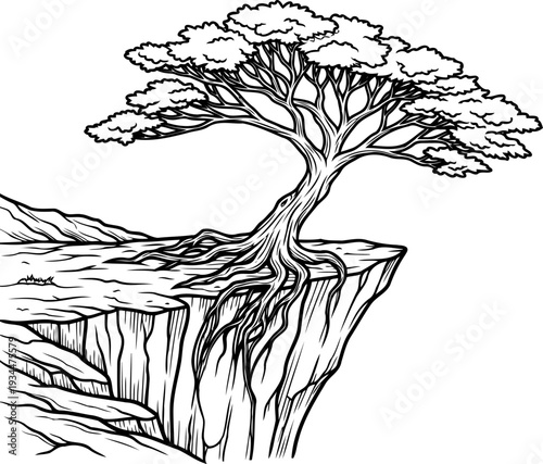 Ancient gnarled tree clinging to a rocky cliff with deep roots