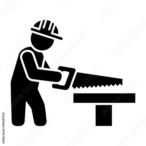 Carpenter icon sawing wood on a workbench in black silhouette style