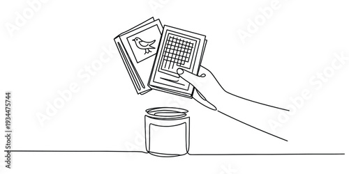 Minimalist line art illustration of hand holding seed packets over a jar
