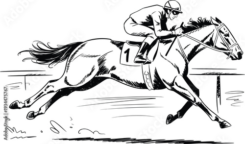 horse racing line art illustration of a jockey riding a thoroughbred racehorse with competition number one isolated on white background