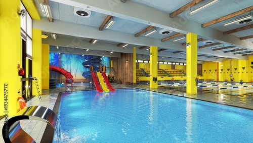 Indoor swimming pool complex with colorful water slides and lanes. Modern aquatic center interior