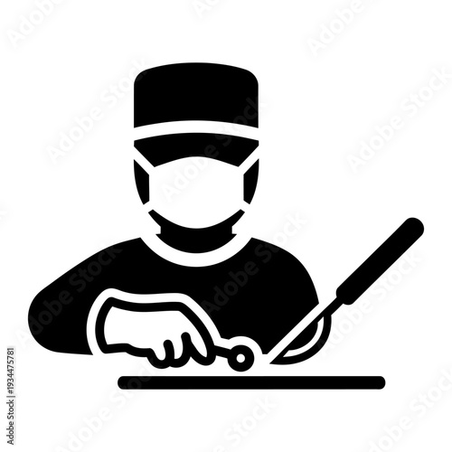 Surgeon Icon Performing Operation with Scalpel and Surgical Tools in Black and White Silhouette
