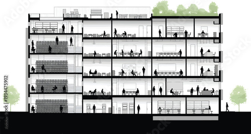 Cross-section of a modern office building, illustrating interior spaces, employees, and green design.