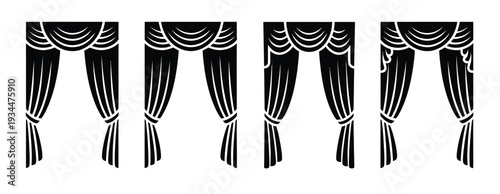 Classic Theater Curtain Icon Collection, Vector Illustrations of Elegant Drapery and Stage Decor Symbols for Performance Venues, Event Branding, and Decorative Design Applications.