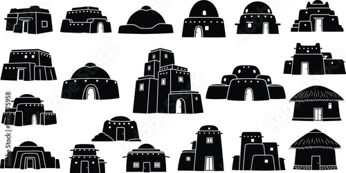 Collection of diverse traditional desert dwellings, including adobe and thatched roof structures.