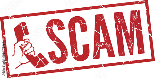 SCAM Phone Fraud Stamp | Stylized Telephone Red Vector art.
