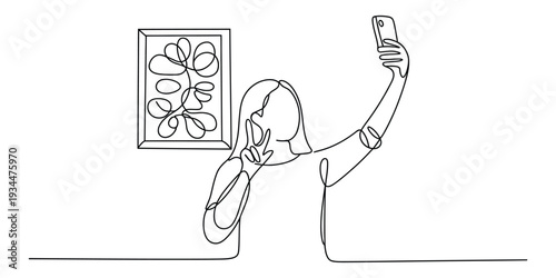 Minimalist continuous line art of woman taking selfie