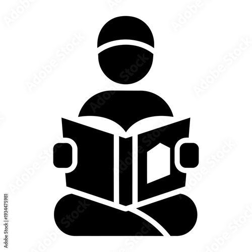Muslim man reading holy book icon sitting cross-legged for religious study and prayer