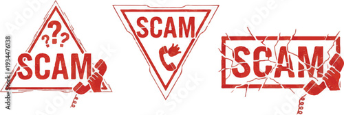 SCAM Phone Fraud Warning Icons | Broken Telephone Vector Set.