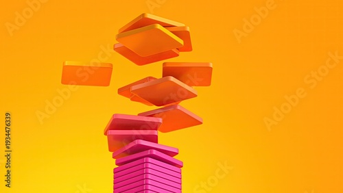 Vertical conceptual render showing a pillar of glossy geometric slabs crumbling into the air. The design transitions from deep magenta at the base to bright orange at the top, set against a matching