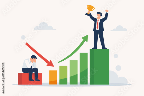 Business competition concept with a successful businessman holding a trophy on a rising bar chart and a depressed loser sitting on a low bar with a falling arrow, representing profit and loss.