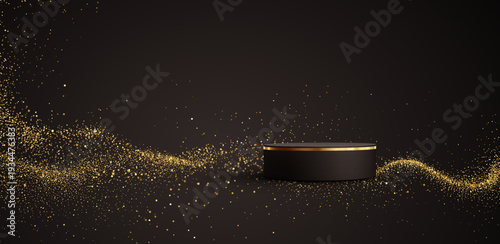 Black Gold cylinder podium. Golden Luxury Podium in the Dark Room for mockup products, promotion display. Black Studio Scene Background. Vector illustration