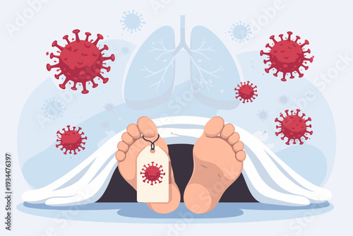 Coronavirus Death Toll Concept with Deceased Person's Feet and Toe Tag under a White Sheet, COVID-19 Pandemic Causing Mortality with Pneumonia and Lung Infection Vector Illustration.