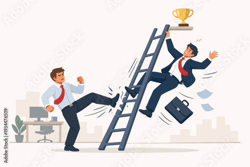 Jealous Colleague Sabotaging Coworker Success by Kicking Ladder While Climbing to Trophy. Business Rivalry, Office Envy, Unfair Competition, Career Sabotage, and Workplace Conflict Concept Art.