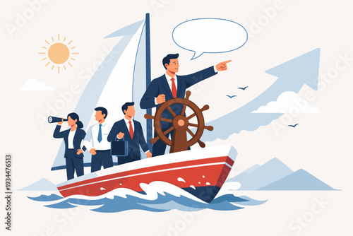 Business leadership and teamwork concept with a professional team on a sailboat. A visionary leader steers the ship towards success, guiding the company with strategy, motivation, and growth.