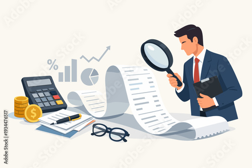 Smart businessman in suit using magnifying glass to audit long bill or detailed financial statement for business expense analysis, tax preparation, and budget planning with calculator and coins.